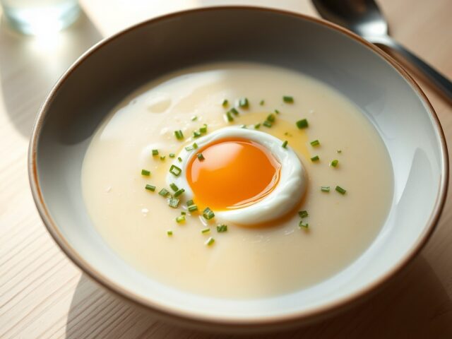 Aardappelpreisoep met gepocheerd eitje en bieslook