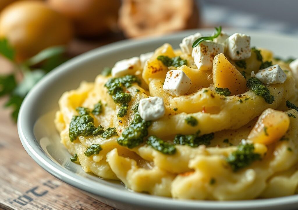 Aardappelpuree met feta en pesto uit de oven, AI-gegenereerde illustratie