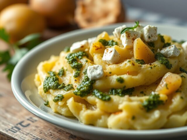 Aardappelpuree met feta en pesto uit de oven — AI-gegenereerde illustratie