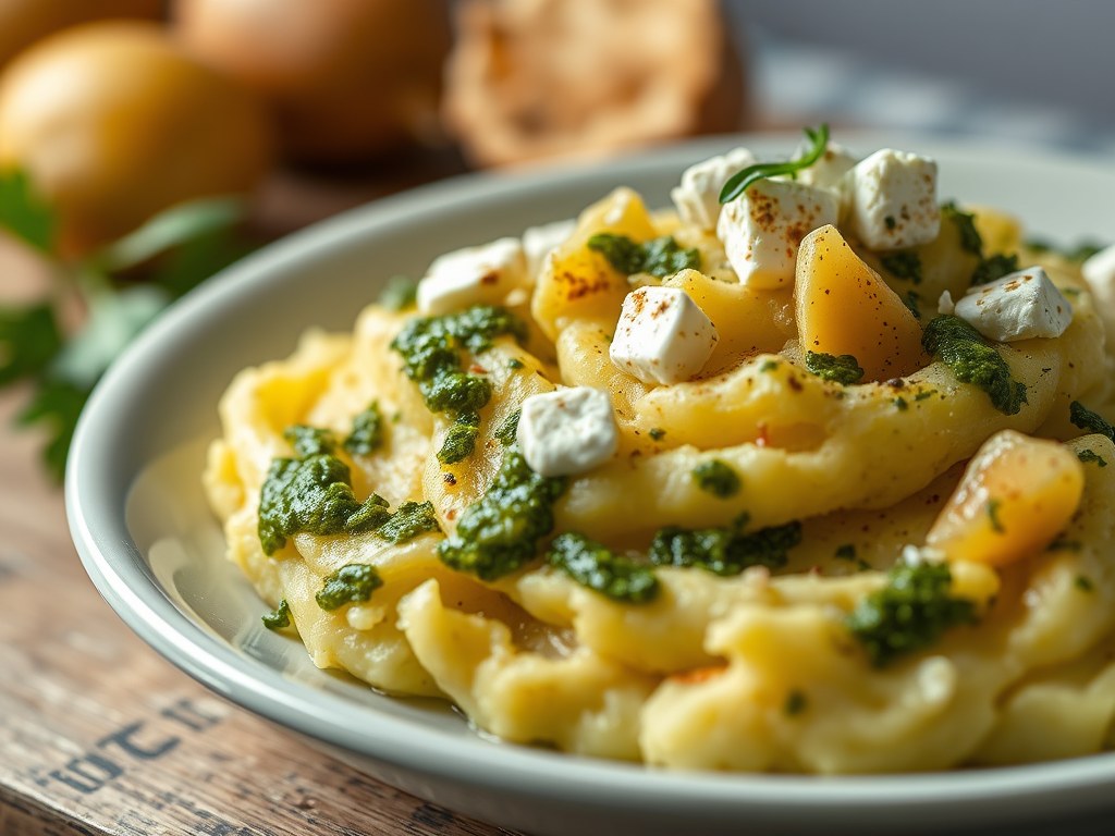 Aardappelpuree met feta en pesto uit de oven, AI-gegenereerde illustratie
