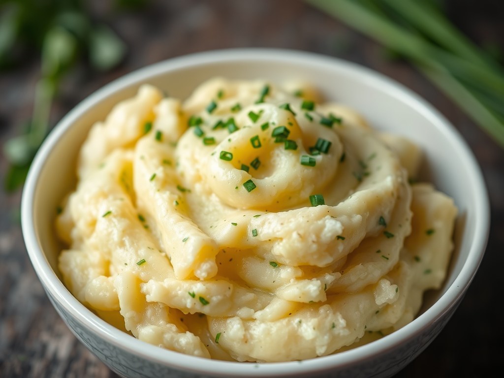 Aardappelpuree met groene kruiden, AI-gegenereerde illustratie