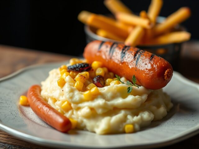 Aardappelpuree met mais en gegrilde hotdog