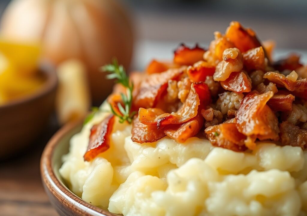 Aardappelpuree met spek, AI-gegenereerde illustratie