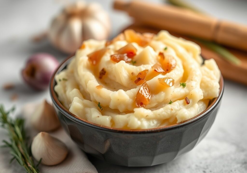 Aardappelpuree met uien en boemboe — AI-gegenereerde illustratie