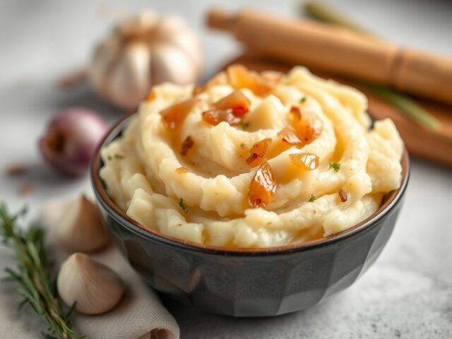 Aardappelpuree met uien en boemboe — AI-gegenereerde illustratie