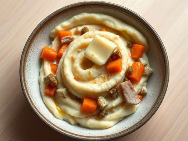 Aardappelpuree met wortelen, witloof en ham