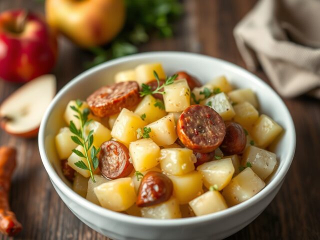 Aardappelsalade met ardennerboterhamworst en appel