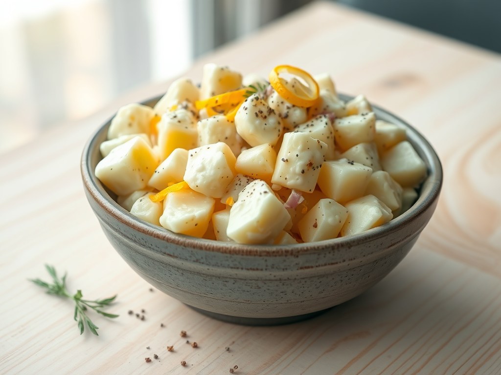 Aardappelsalade met citroendressing, AI-gegenereerde illustratie
