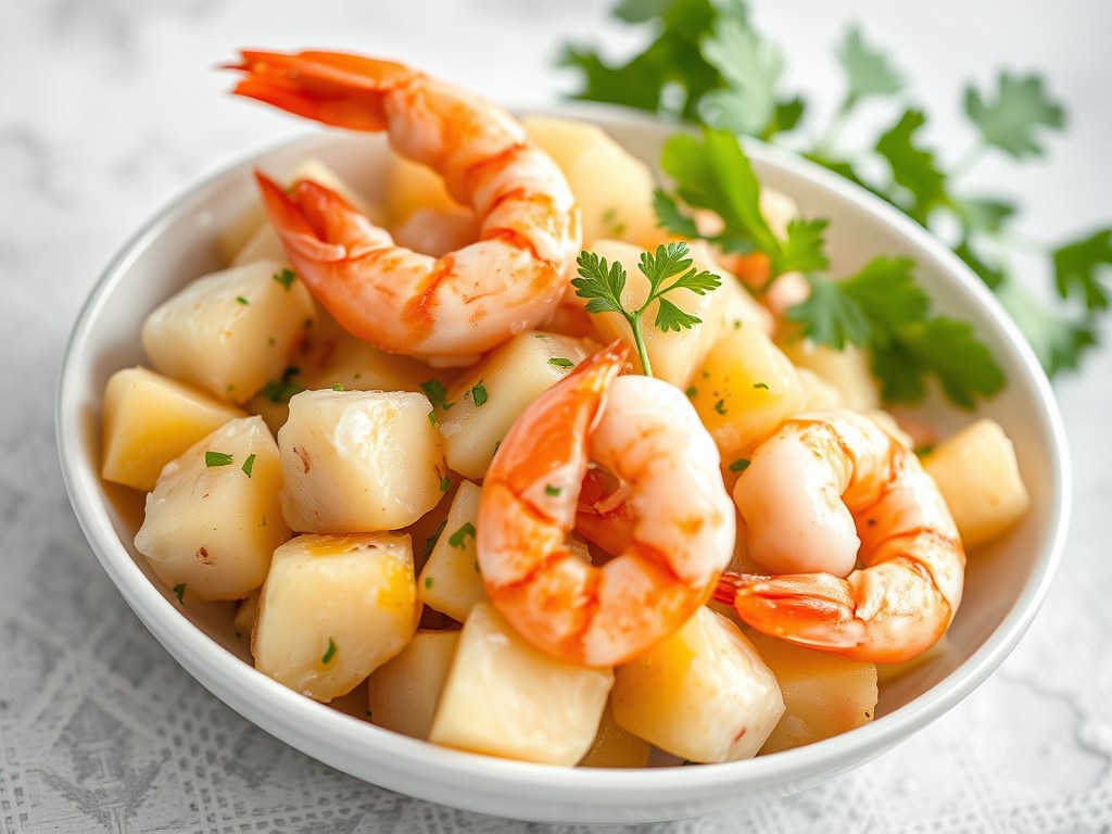 Aardappelsalade met garnalen, AI-gegenereerde illustratie