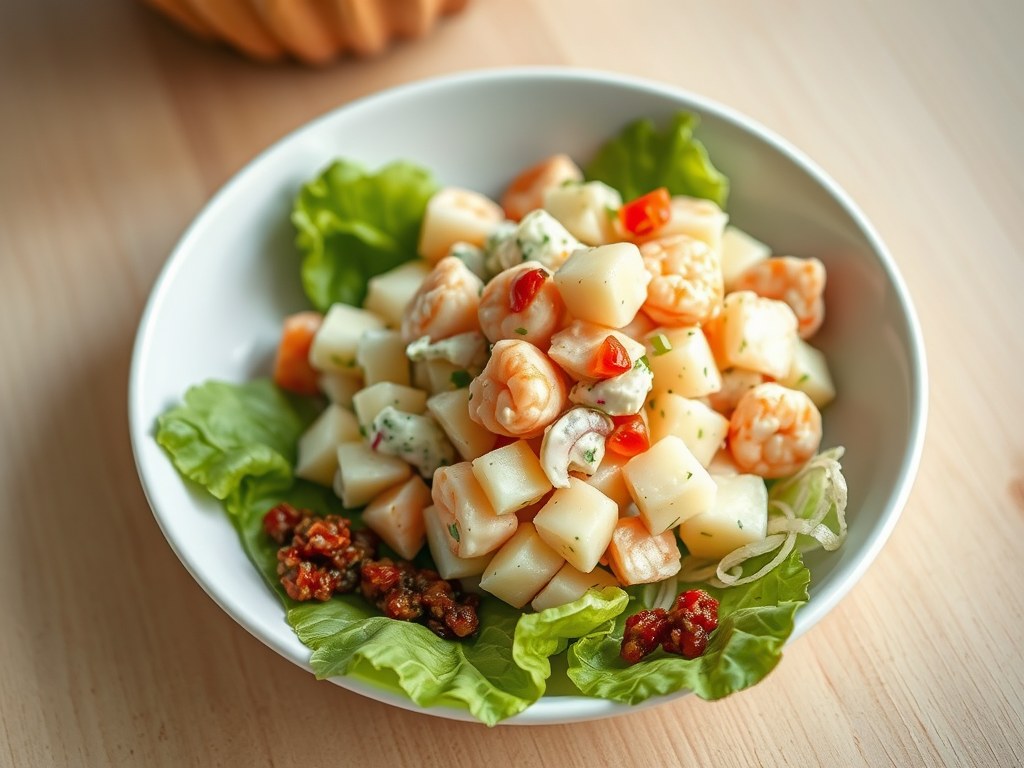 Aardappelsalade met garnalen, AI-gegenereerde illustratie