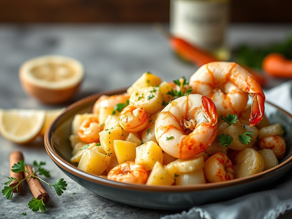 Aardappelsalade met garnalen, AI-gegenereerde illustratie