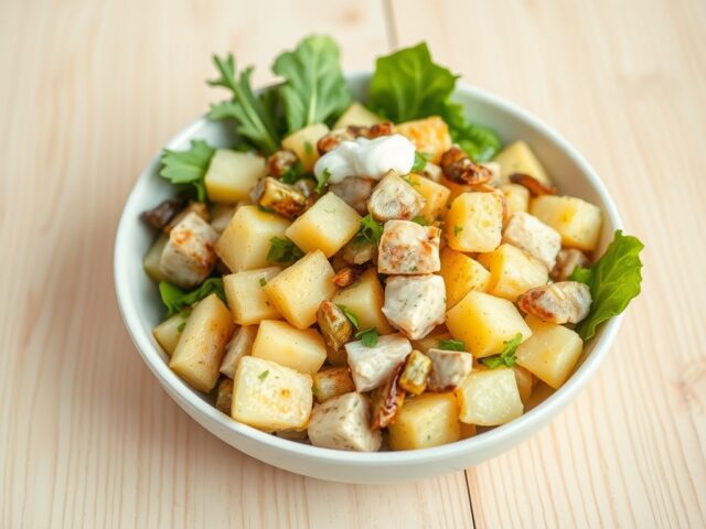 Aardappelsalade met geroosterde prei, gerookte makreel en citrusvinaigrette