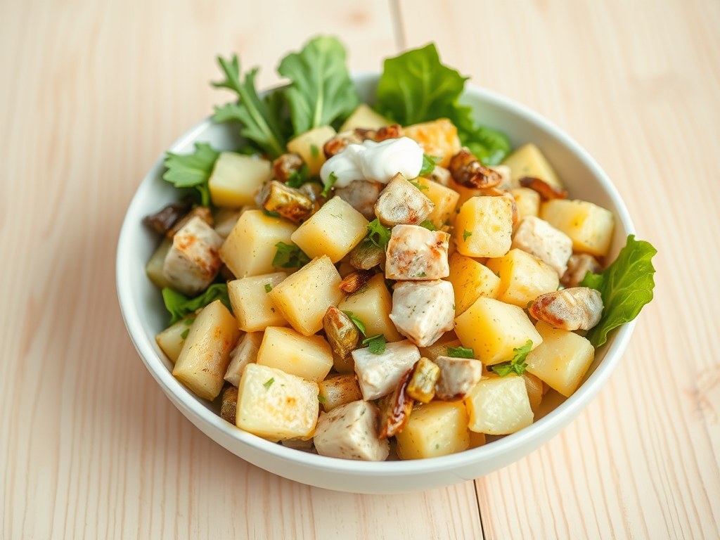 Aardappelsalade met geroosterde prei, gerookte makreel en citrusvinaigrette, AI-gegenereerde illustratie