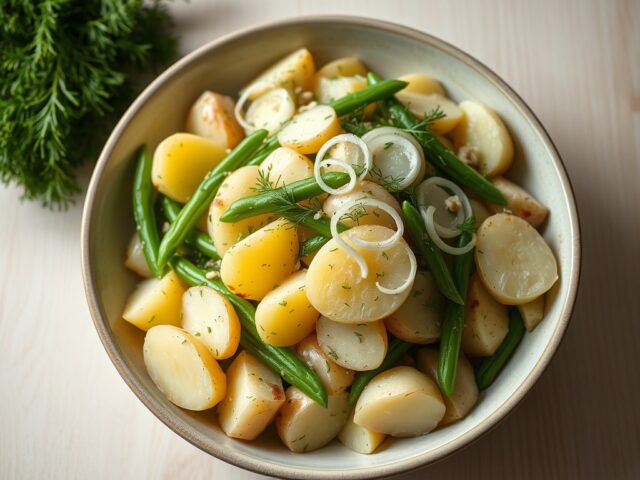 Aardappelsalade met groene bonen, dille en maatjes