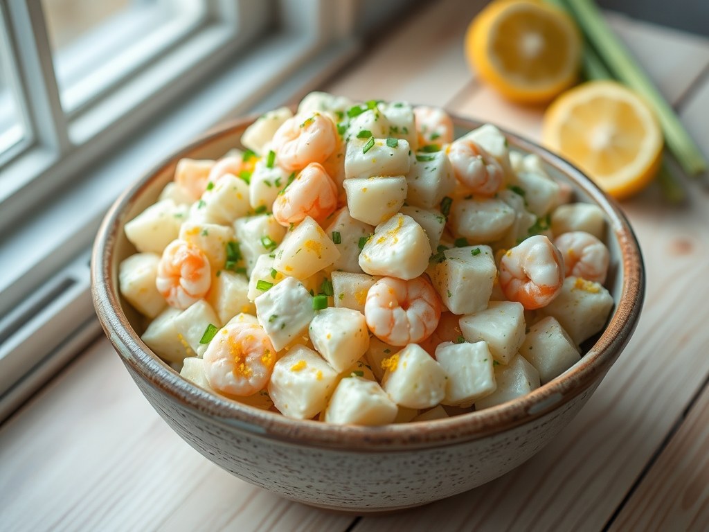 Aardappelsalade met hollandse garnalen, AI-gegenereerde illustratie