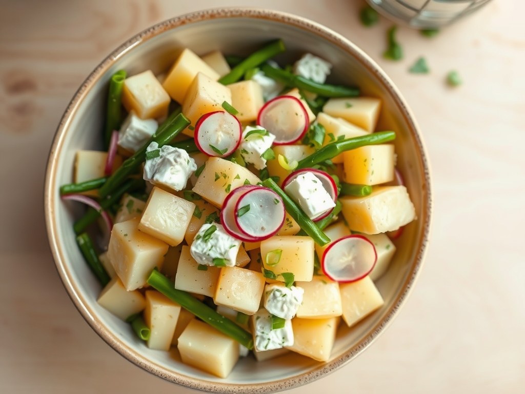 Aardappelsalade met kaas, AI-gegenereerde illustratie
