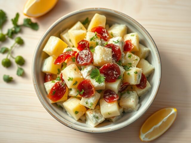 Aardappelsalade met mierikswortel, tuinkruiden en bresaola