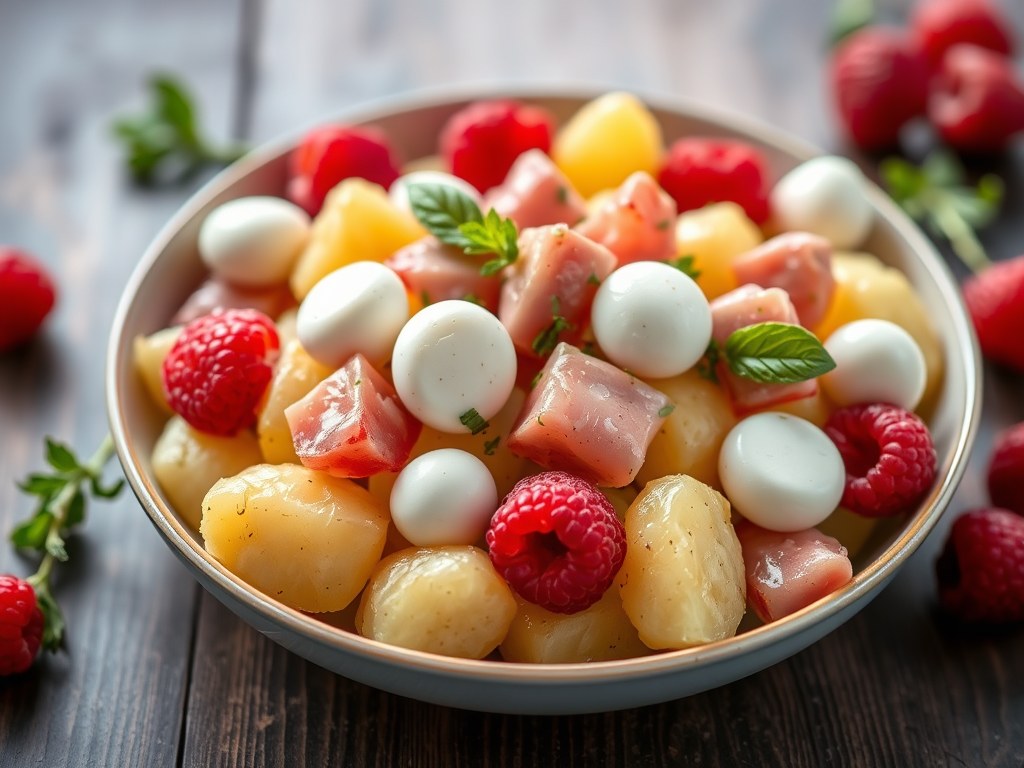 Aardappelsalade met mozzarella en ham, AI-gegenereerde illustratie