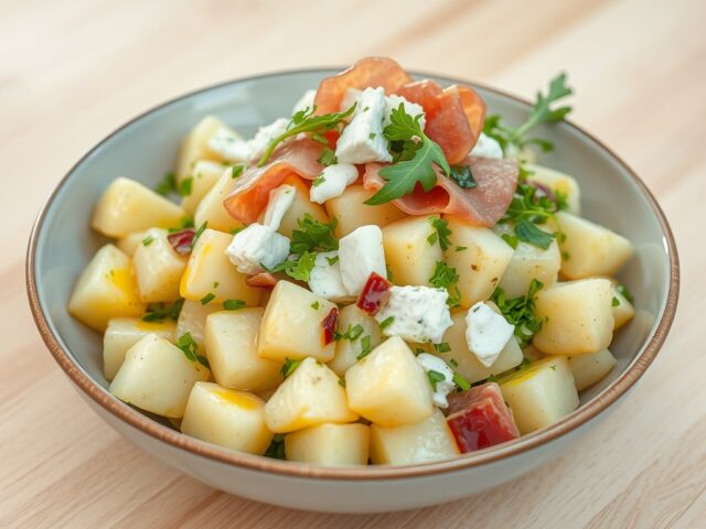 Aardappelsalade met rauwe ham en geitenkaas