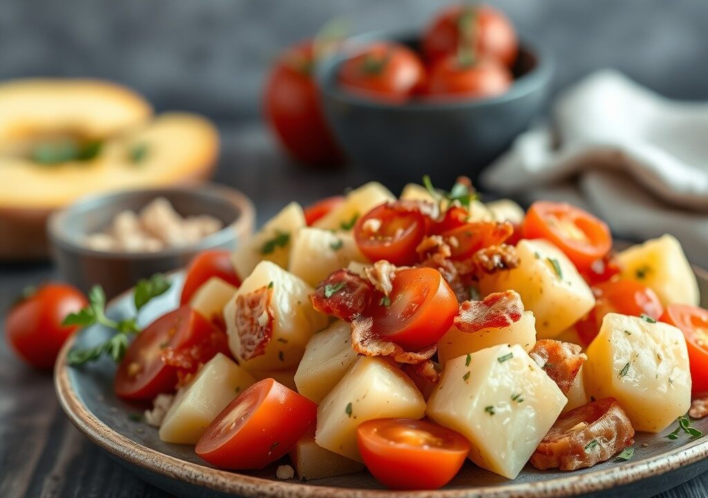 Aardappelsalade met Spekjes, AI-gegenereerde illustratie