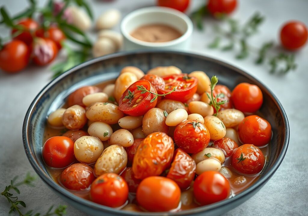 Aardappelschotel met tomaten, witte bonen en hybiscus — AI-gegenereerde illustratie