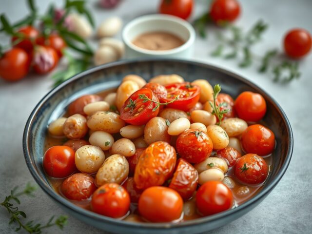 Aardappelschotel met tomaten, witte bonen en hybiscus — AI-gegenereerde illustratie