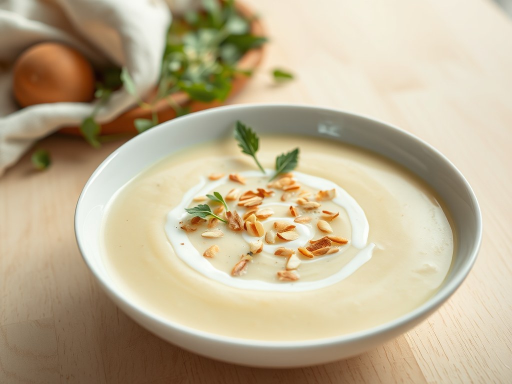 Aardappelsoep met amandelen, AI-gegenereerde illustratie