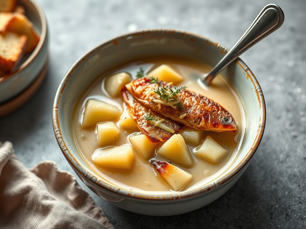 Aardappelsoep met gerookte makreel, AI-gegenereerde illustratie