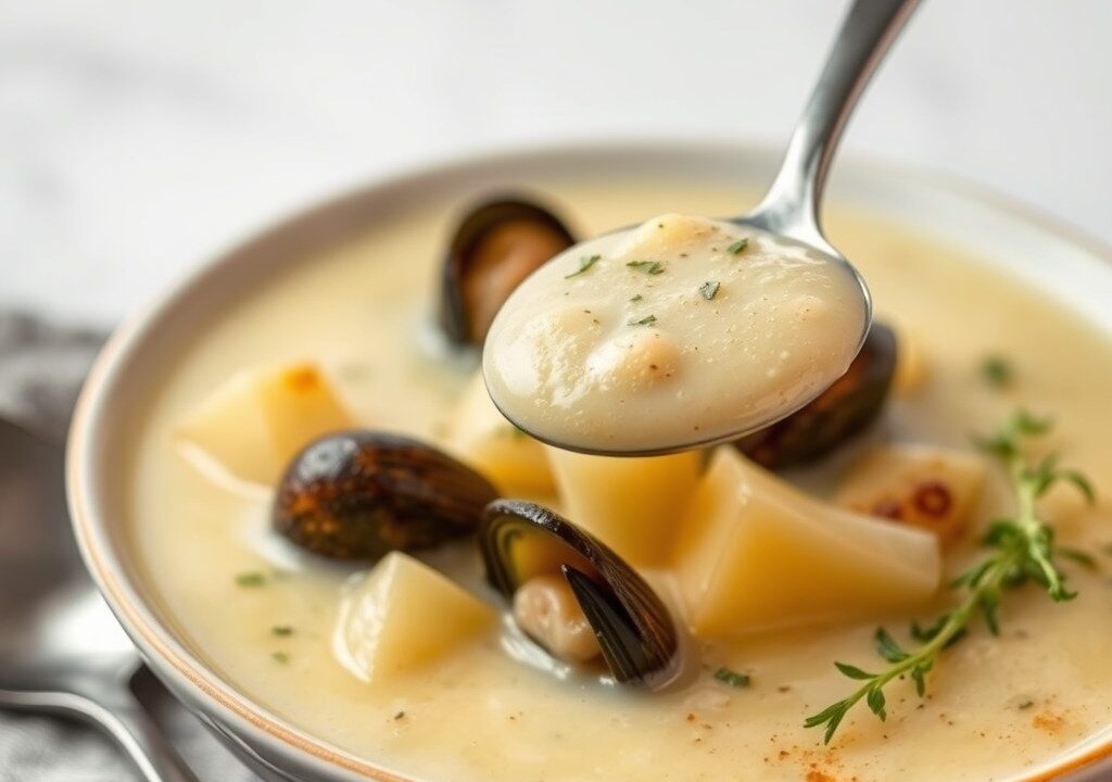 Aardappelsoep met mosselen — AI-gegenereerde illustratie