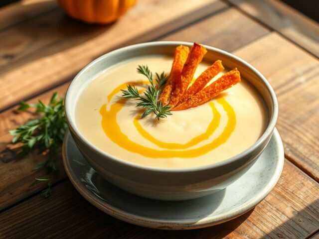 Aardappelsoep met pompoenfrietjes