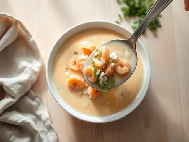 Aardappelsoep met zalm en Hollandse garnalen