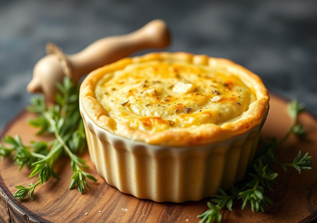 Aardappelsoufflé met pecorino en prei, AI-gegenereerde illustratie