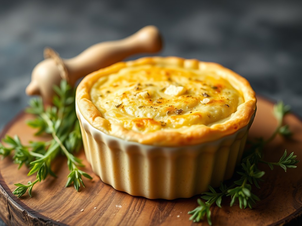 Aardappelsoufflé met pecorino en prei, AI-gegenereerde illustratie