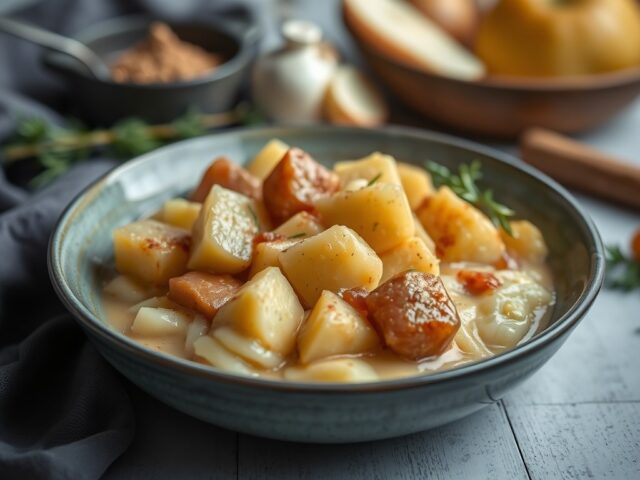 Aardappelstamppot met appel en abrikoos — AI-gegenereerde illustratie