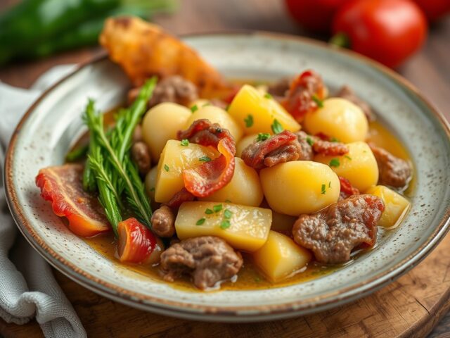 Aardappelstoofschotel met spek — AI-gegenereerde illustratie