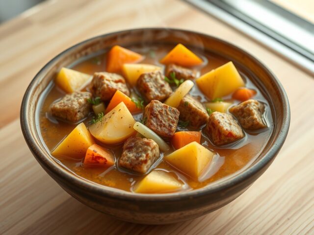Aardappelstoofschotel met vegetarische blokjes