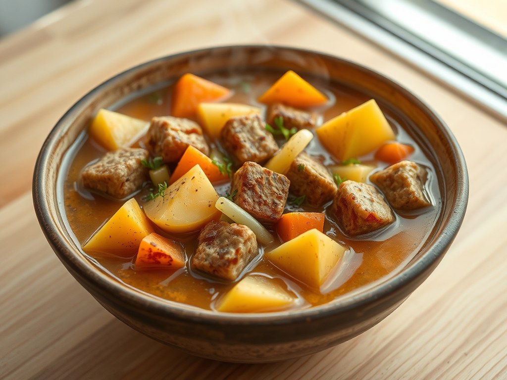 Aardappelstoofschotel met vegetarische blokjes, AI-gegenereerde illustratie