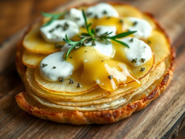Aardappeltaart met Arina geitenkaas en honing