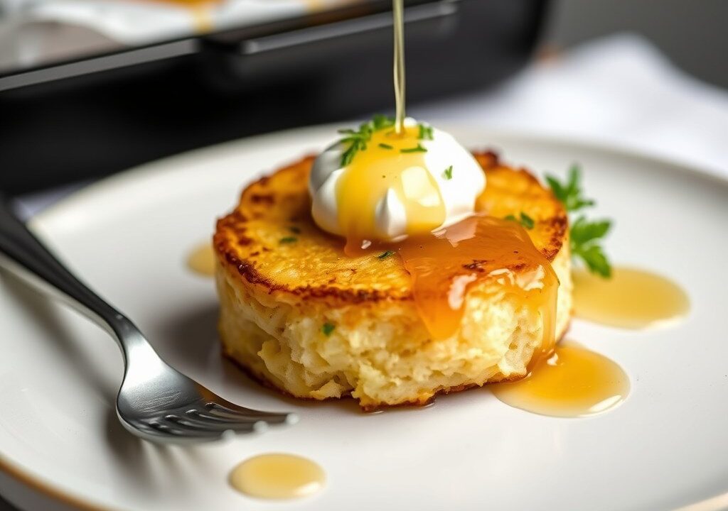 Aardappeltaart met geitenkaas en honing, AI-gegenereerde illustratie