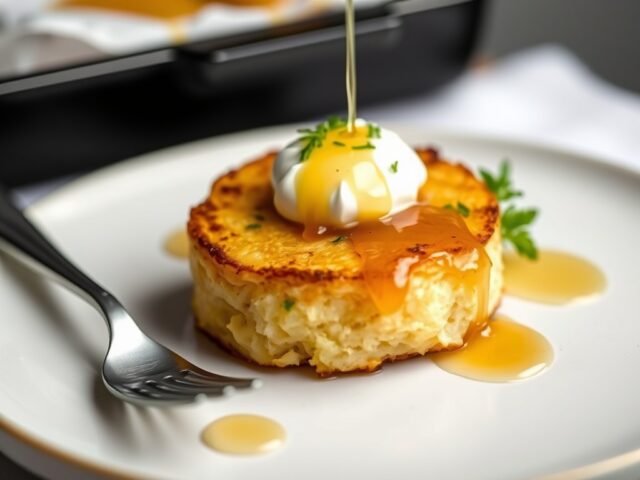 Aardappeltaart met geitenkaas en honing — AI-gegenereerde illustratie