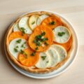 Aardappeltaart met zoete aardappels, prei, pesto en room