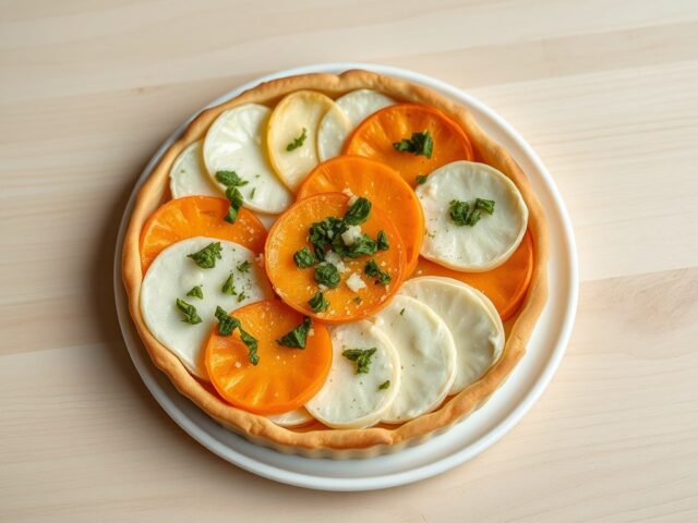 Aardappeltaart met zoete aardappels, prei, pesto en room