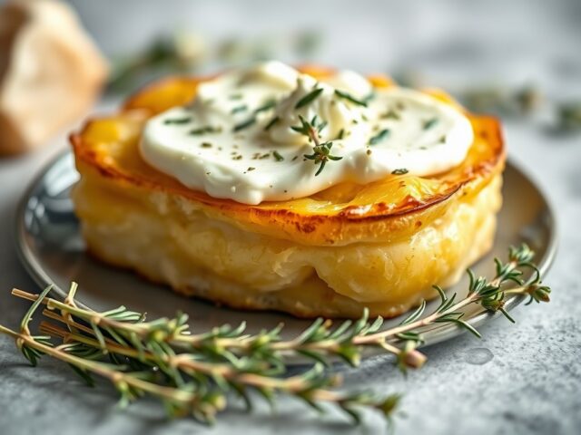 Aardappeltaartje met kaas, tijm en room — AI-gegenereerde illustratie
