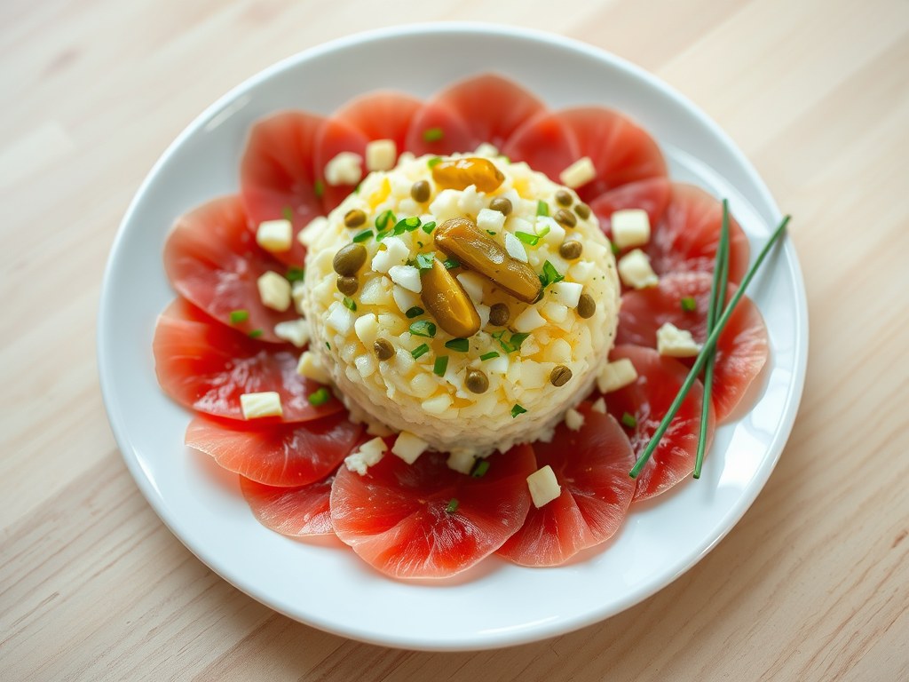 Aardappeltartaar met carpaccio, AI-gegenereerde illustratie