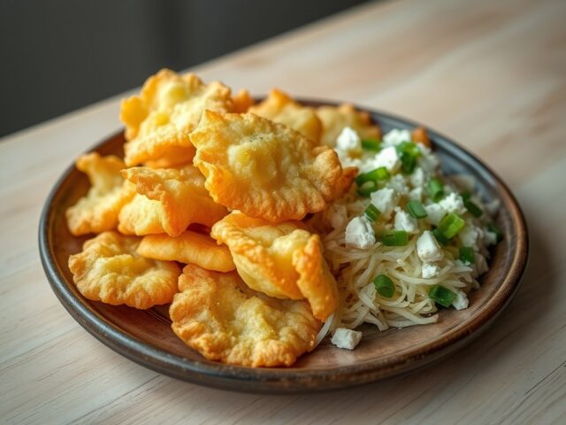 Aardappeltempura met zuurkool feta en munt