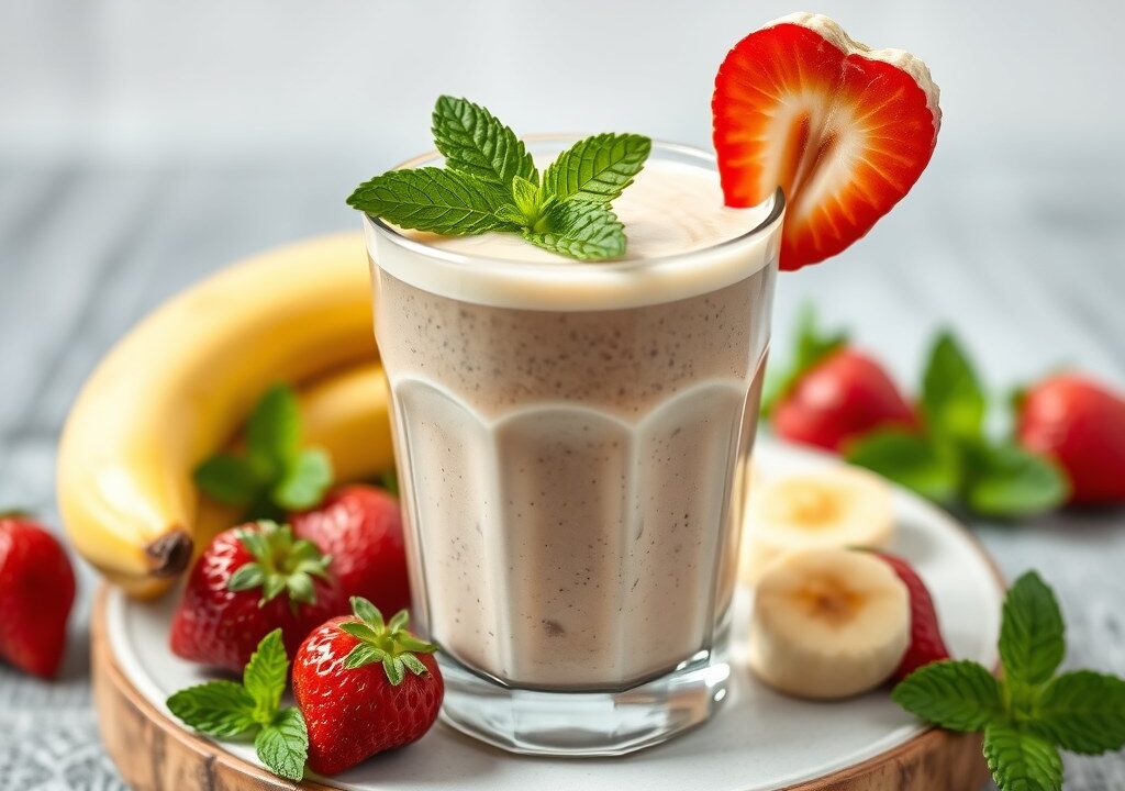 Aardbei-banaan-munt smoothie, AI-gegenereerde illustratie