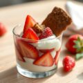 Aardbeidessertje met platte kaas en speculaas