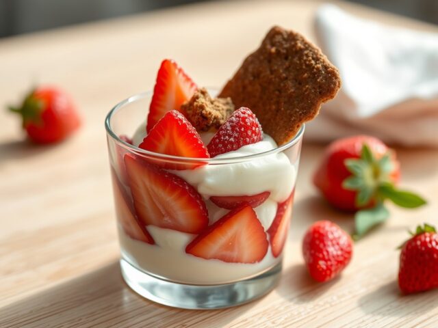 Aardbeidessertje met platte kaas en speculaas