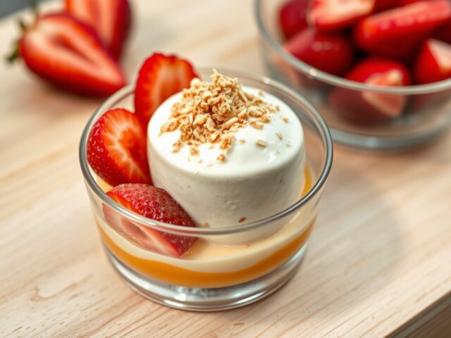 Aardbeien en rabarber met een mousse van bitterkoe