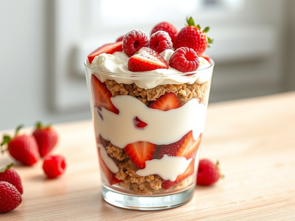 Aardbeien-kwarktrifle, AI-gegenereerde illustratie